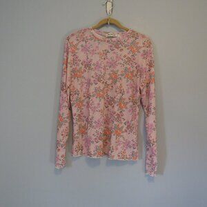 Three Bird Nest Pink Floral Print Mesh Semi Sheer Layering Long Sleeve Top Sz M